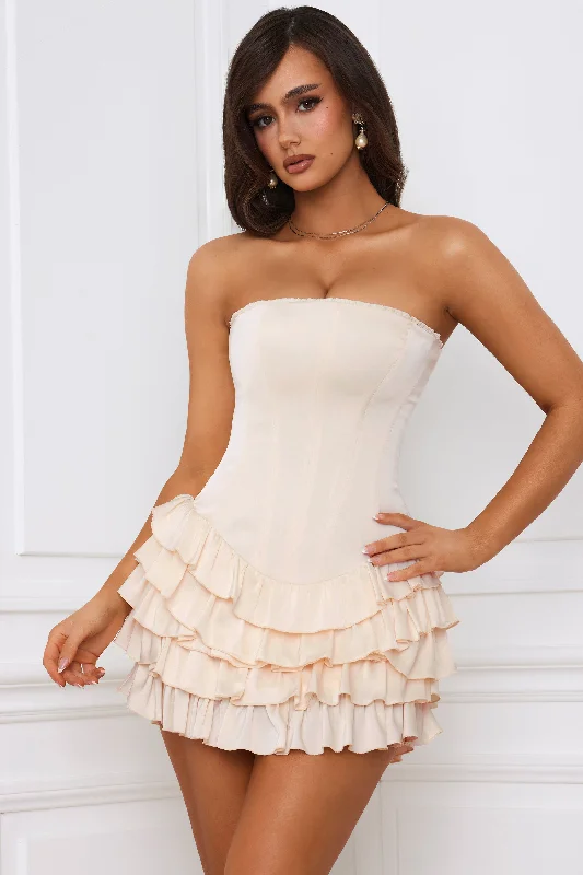 Bandeau Ruffled Tiered Corset Mini Dress in Ivory Casual High-Waist Mini Dress
