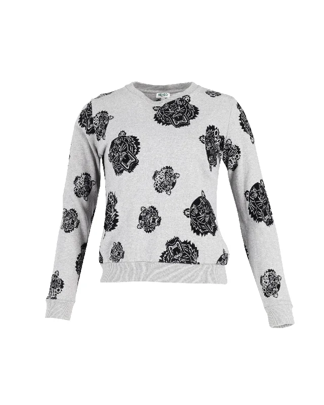 Kenzo Tiger Print Sweatshirt in Grey Cotton Hoodie with Hem Ribbing Snug Secure