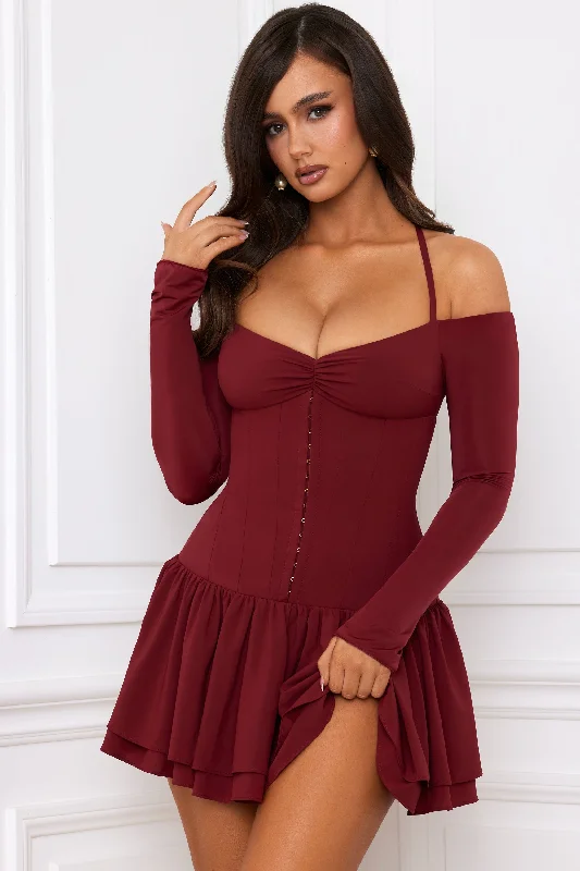 Off-Shoulder Tiered Corset Mini Dress in Berry Red Classic Striped Mini Dress