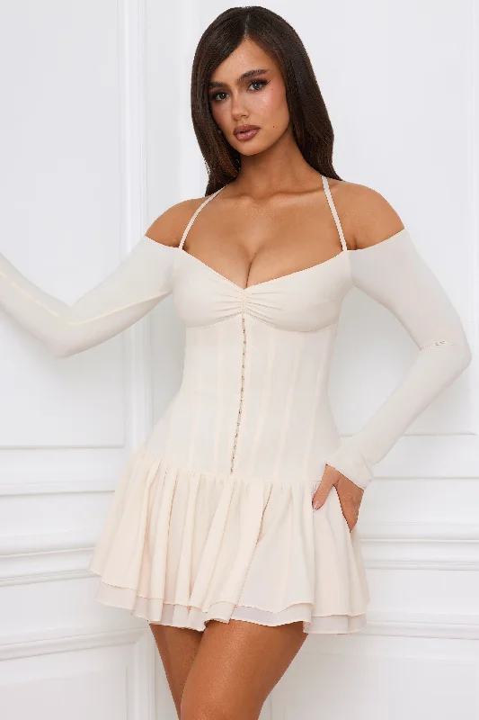 Off-Shoulder Tiered Corset Mini Dress in Ivory Cozy Sweater Mini Dress
