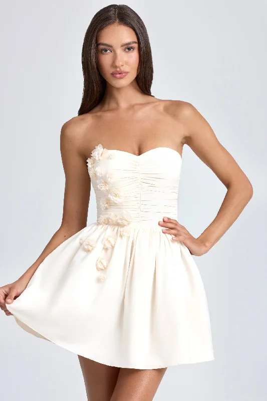 Bandeau Floral-Appliqué Corset Mini Dress in Ivory Fashionable Lace Mini Dress