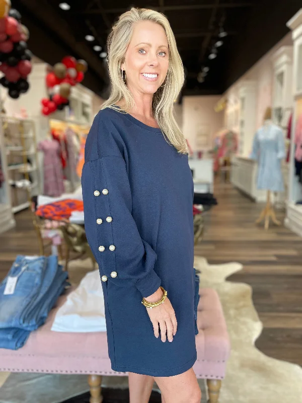 Navy Pearl Sweatshirt Dress Hoodie with Mesh Breathable Sporty