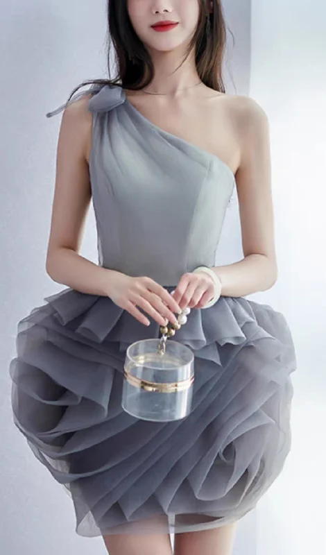 ONE SHOULDER MESH MINI DRESS IN GREY Cozy Ribbed Mini Dress