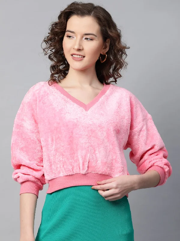 Pink V-Neck Faux Fur Crop Sweatshirt Hoodie with Fur Luxurious Winter