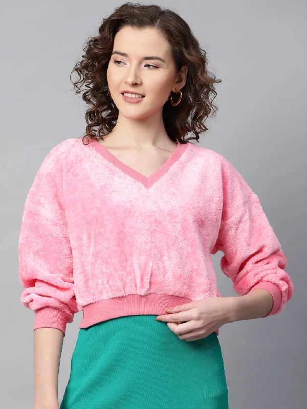 Pink V-Neck Faux Fur Crop Sweatshirt Hoodie with Color Block Contrast Stylish