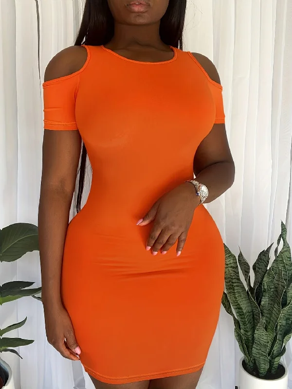 Plus Size Orange Cut-Out Cold Shoulder Short Sleeve Mini Dress Comfortable Fit-and-Flare Mini Dress