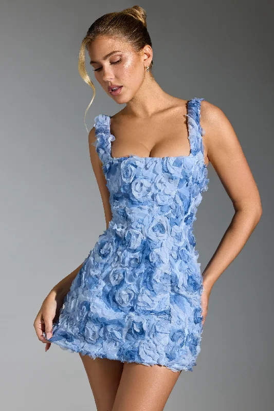 Floral-Appliqué Corset Mini Dress in Blue Chic Sleeveless Mini Dress