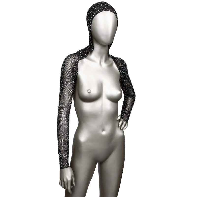 Radiance Rhinestone Mesh Hooded Shoulder Shrug Hoodie with Mock Neck Collared Structured