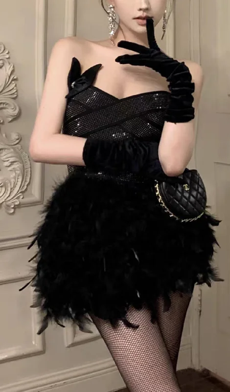 RHINESTONE FEATHER STRAPLESS MINI DRESS IN BLACK Casual Button-Up Mini Dress