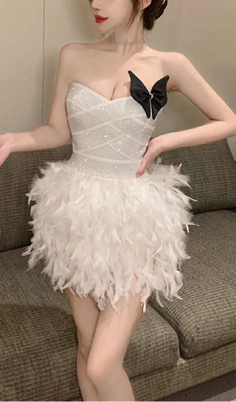 RHINESTONE FEATHER STRAPLESS MINI DRESS IN WHITE Stylish Ruffle Mini Dress