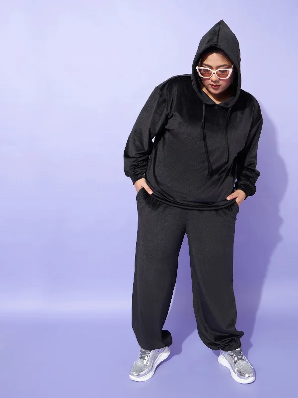Women Black Velour Hoodie With Joggers Hoodie with Slit Hem Functional Movement