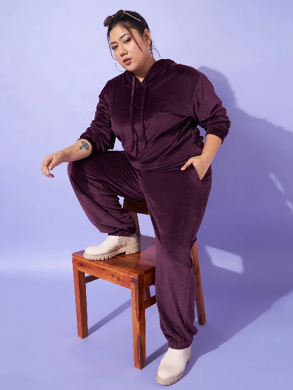 Women Burgundy Velour Hoodie With Joggers Hoodie with Patch Decorative Personalized