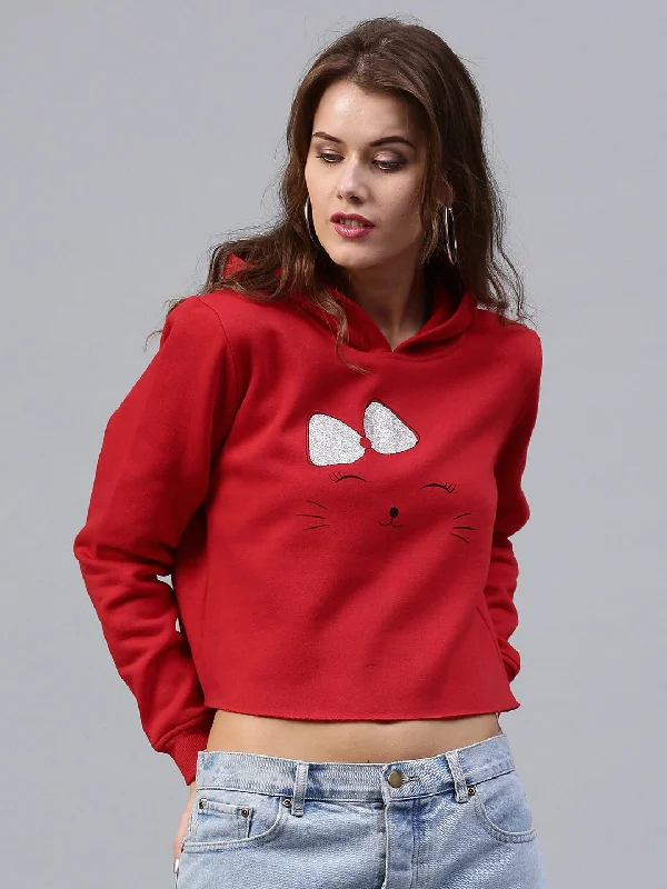 Women Bow Kitty Red Sweatshirt Hoodie with Double Zipper Versatile Adjustable