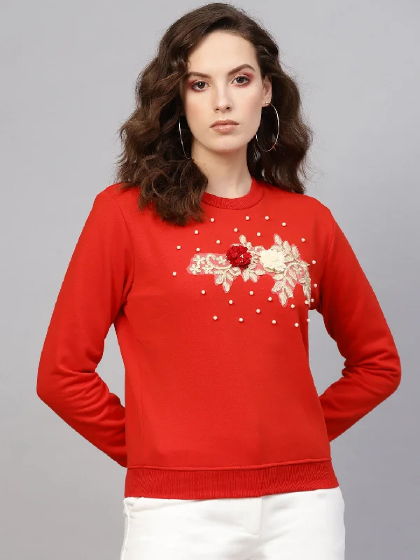 Women Red Floral Front Patch Sweatshirt Hoodie with Half-Zip Sporty Casual