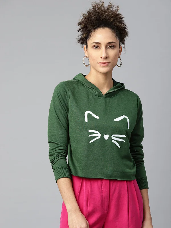 Women Green Kitty Face Crop Hoodie Sweatshirt Hoodie with Crew Neck Simple Timeless