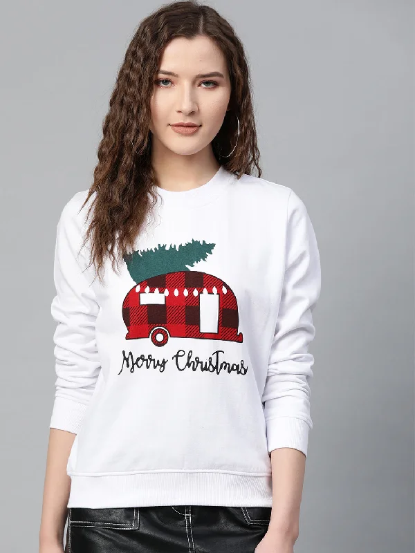 White Merry Christmas Print Sweatshirt Hoodie with Set-In Sleeves Structured Classic