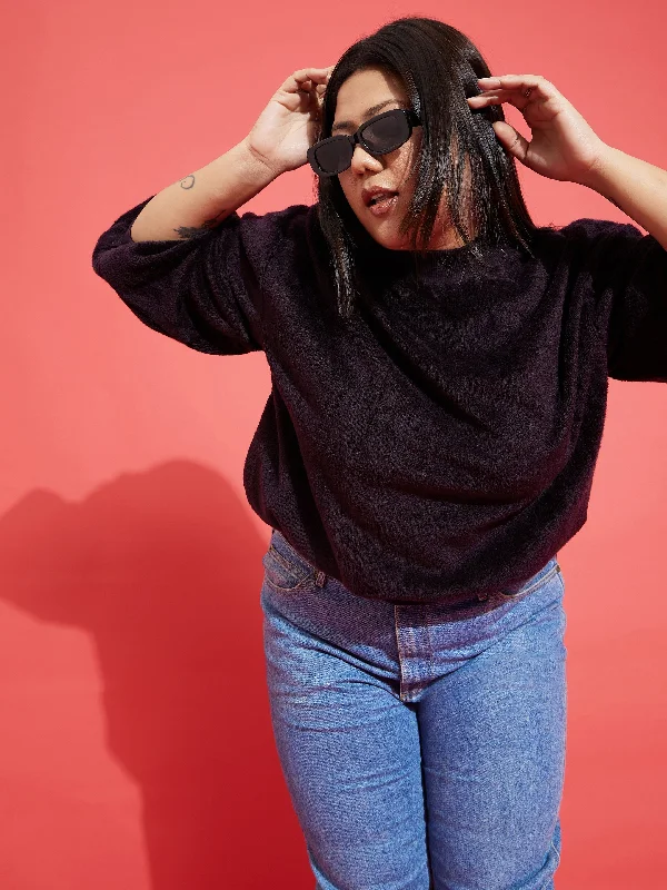 Women Black Fleece Fur High Neck Sweatshirt Hoodie Sweatshirt Pullover
