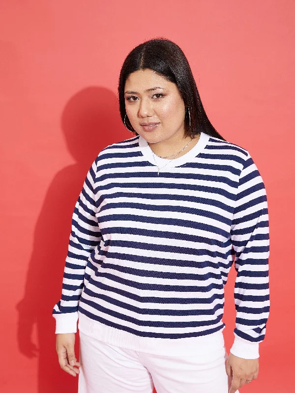 Women Navy & White Fleece Striped Sweatshirt Hoodie Jacket Zipper Layering