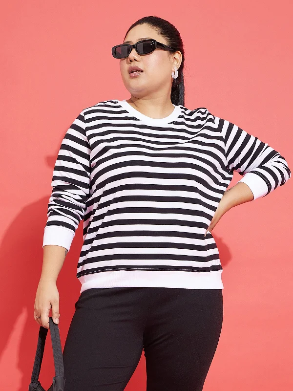 Women Black & White Fleece Striped Sweatshirt Hoodie with Logo Branding Identity