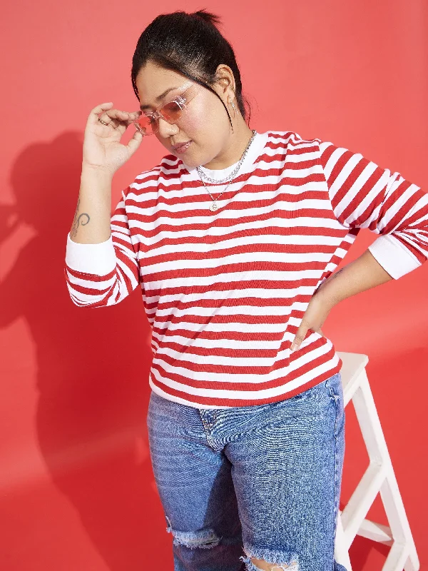 Women Red & White Fleece Striped Sweatshirt Hoodie with Strings Custom Fit Adjustable