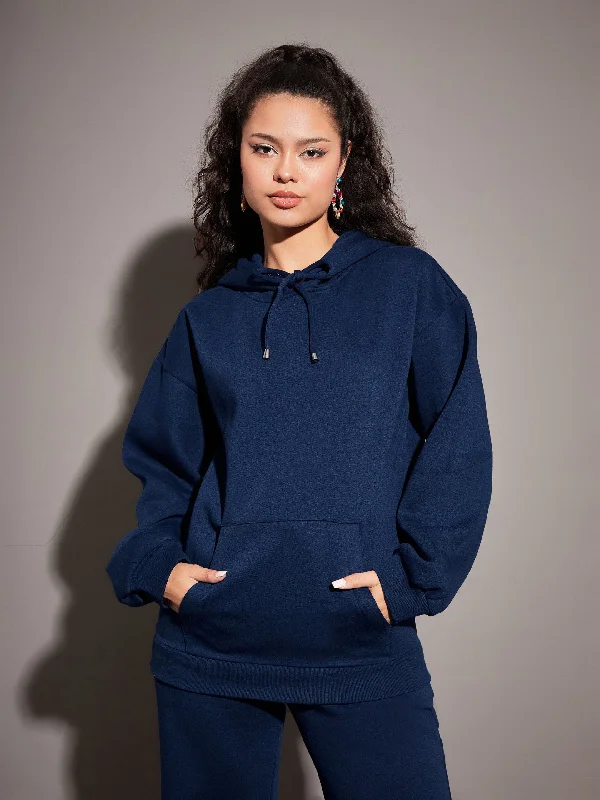 Women Navy Fleece Oversized Hoodie Hoodie with Metallic Shiny Futuristic