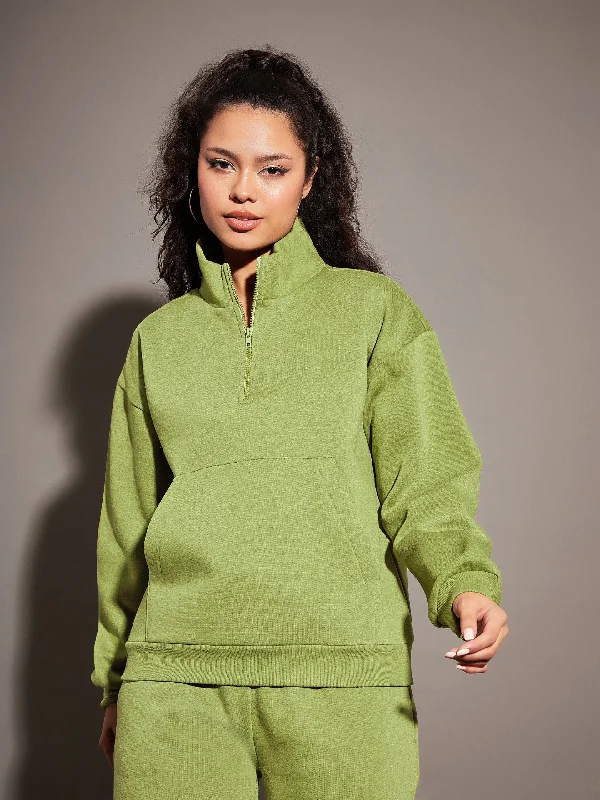 Women Olive Fleece Front Zipper Sweatshirt Hoodie with Gradient Ombre Colorful