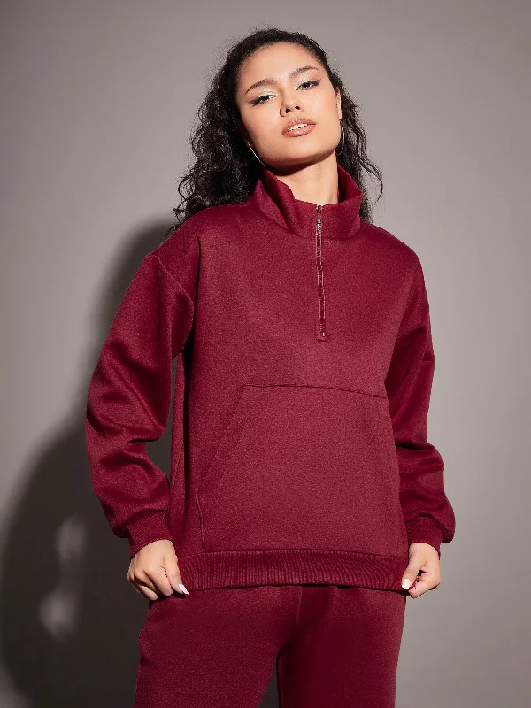 Women Maroon Fleece Front Zipper Sweatshirt Hoodie with Reflective Safety Nightwear