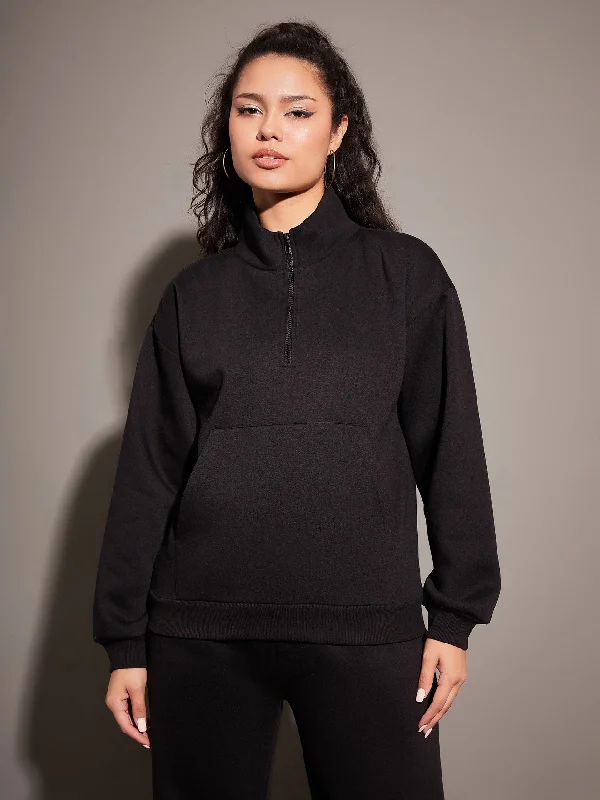 Women Black Fleece Front Zipper Sweatshirt Hoodie with Thumb Holes Functional Cozy
