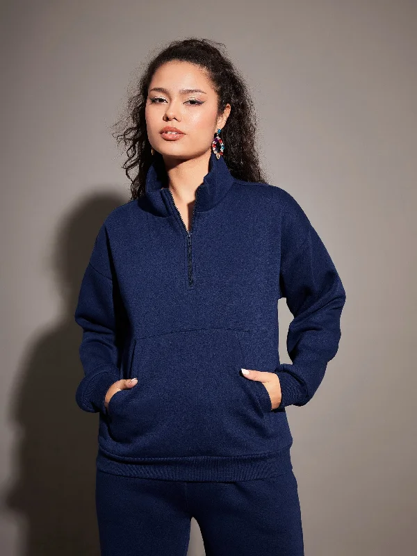 Women Navy Fleece Front Zipper Sweatshirt Hoodie with Monochrome Minimalist Simple