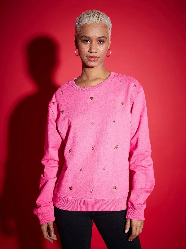 Women Pink Terry All Over Pearl Sweatshirt Hoodie with Pastel Soft Subtle