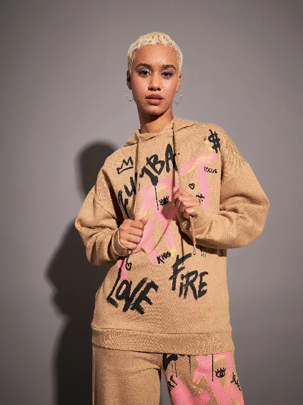 Women Beige ART Printed Hoodie Hoodie with Hem Contrast Bold Stylish