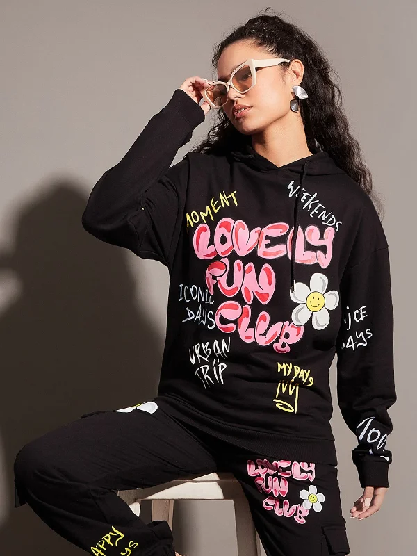 Women Black LOVELY FUN CLUB Hoodie Hoodie with Fur Luxurious Winter