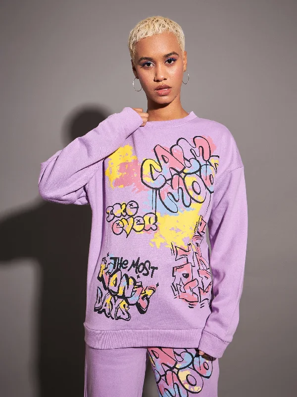 Women Lavender CALM MOOD Oversized Sweatshirt Hoodie with Distressed Vintage Worn