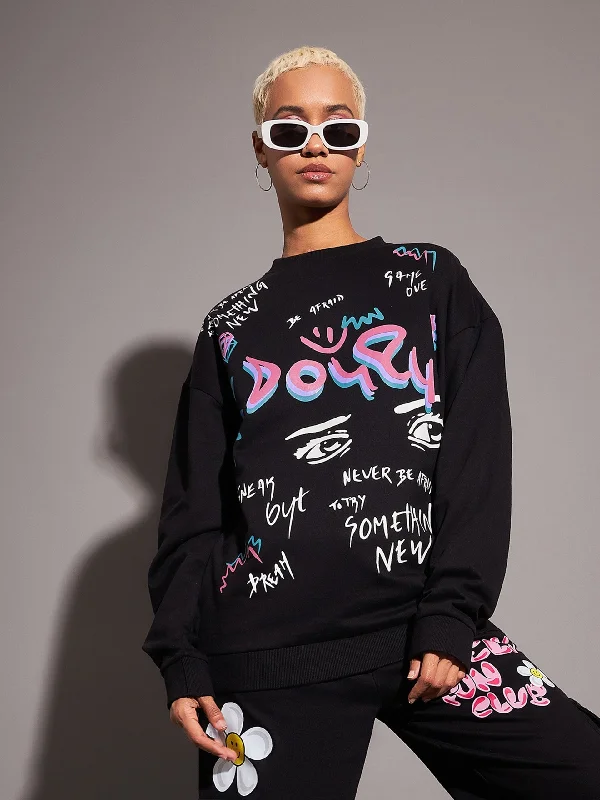 Women Black EYE Oversized Sweatshirt Hoodie with Oversized Fit Loose Comfortable