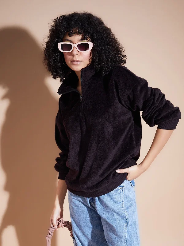 Women Black Front Zipper High Neck Sweatshirt Hoodie with Hem Applique Textured Unique