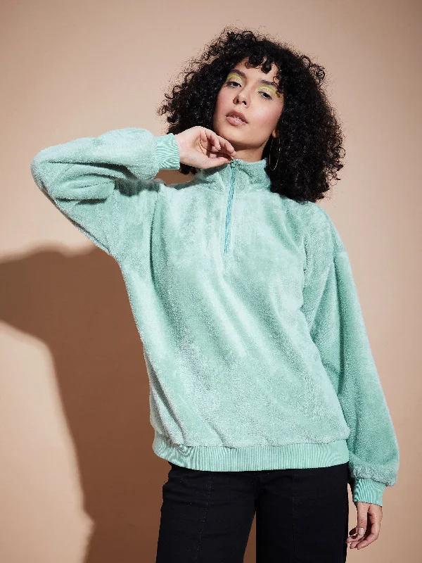 Women Green Front Zipper High Neck Sweatshirt Cotton Hoodie Fleece Lining Warmth