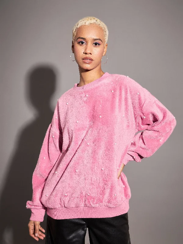Women Pink Fur Pearl Sweatshirt Hoodie with Longline Fit Extended Stylish