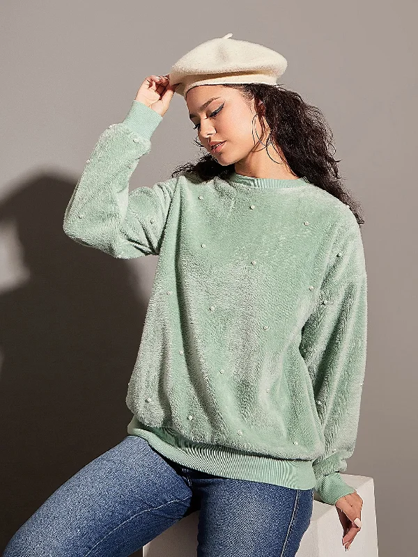 Women Sea Green Fur Pearl Sweatshirt Hoodie with Half-Zip Sporty Casual