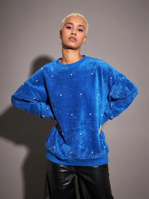 Women Royal Blue Fur Pearl Sweatshirt Hoodie with Hidden Zipper Minimalist Clean
