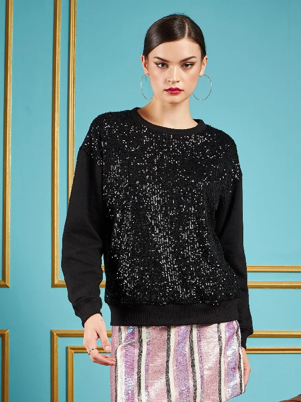 Women Black Sequin Oversized Sweatshirt Hoodie with Distressed Vintage Worn
