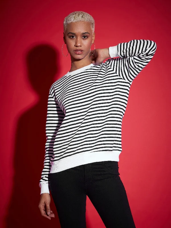 Women Black & White Striped Fleece Sweatshirt Hoodie with Set-In Sleeves Structured Classic