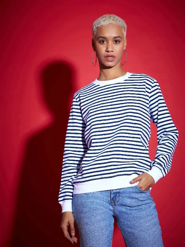 Women Navy & White Striped Fleece Sweatshirt Hoodie with Crew Neck Simple Timeless