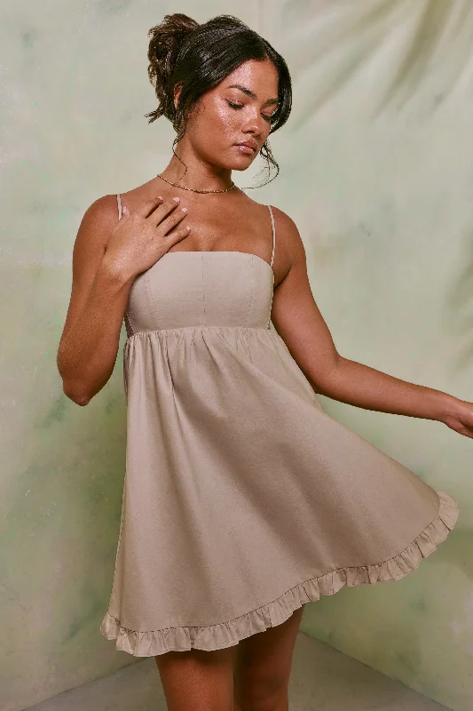 Empire Waist Cotton A-Line Mini Dress in Sand Fashionable A-Line Mini Dress