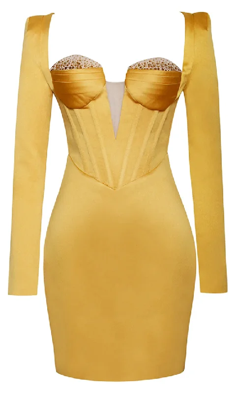 Straight To The Heart<br><span> Yellow Long Sleeve Sequin Trim Bustier Plunge V Neck Cut Out Back Bodycon Mini Dress</span> Chic Mini Dress with V-Neck Straight To The Heart<br><span> Yellow Long Sleeve Sequin Trim Bustier Plunge V Neck Cut Out Back Bodycon Mini Dress</span> Chic Mini Dress with V-Neck