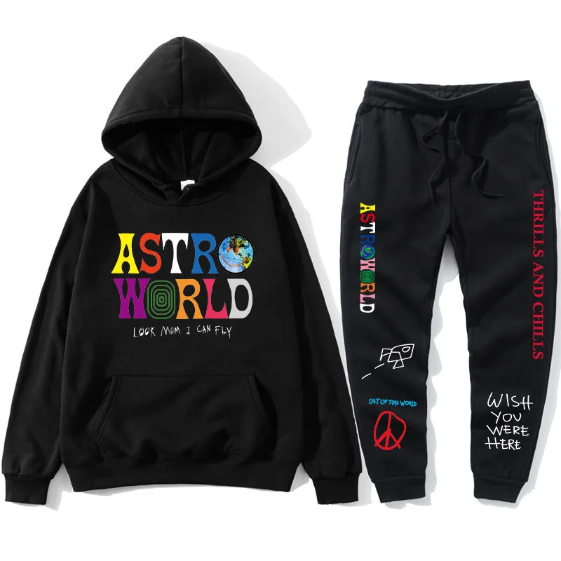TRAVIS SCOTT ASTROWORLD  HOODIES  Print  men's Pullover Sweatshirt Hoodie Sports Pants Hoodie with Lining Warm Insulated