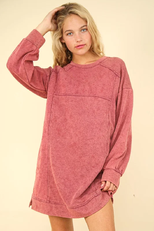 VERY J Mineral Washed Oversized Sweatshirt Mini Dress Hoodie with Drawcord Adjustable Secure