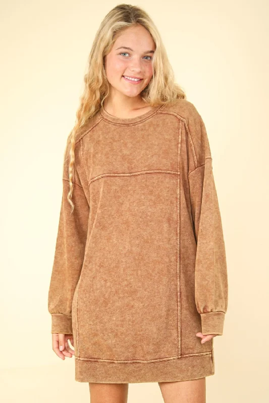 VERY J Mineral Washed Oversized Sweatshirt Mini Dress Hoodie with Zipper Placket Modern Functional