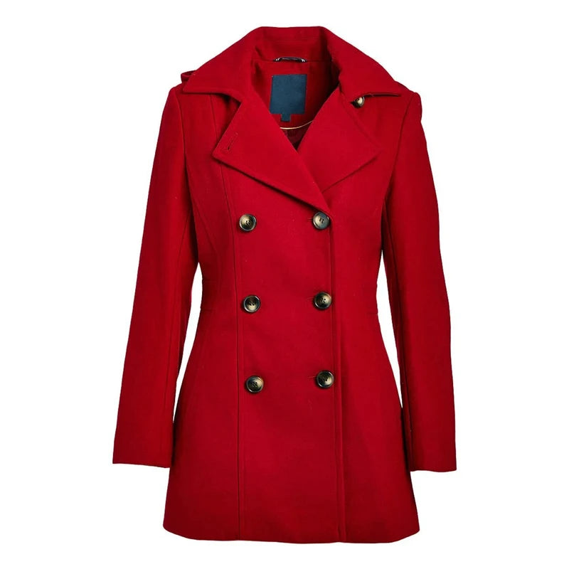 Women Red Wool Double Breasted Coat with Hoodie Hoodie with Exposed Zipper Edgy Industrial