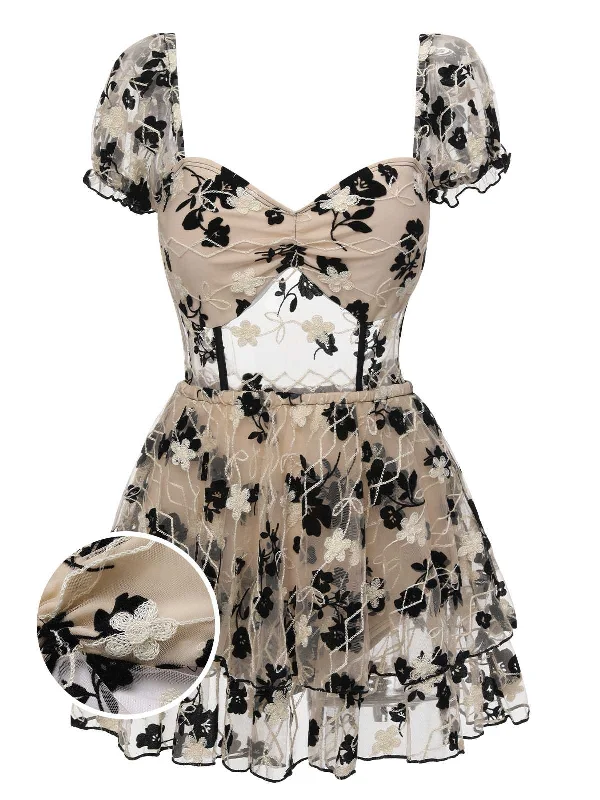 1950s Square Neck Floral Mesh One-Piece Swimsuit Mesh Swimsuit Top