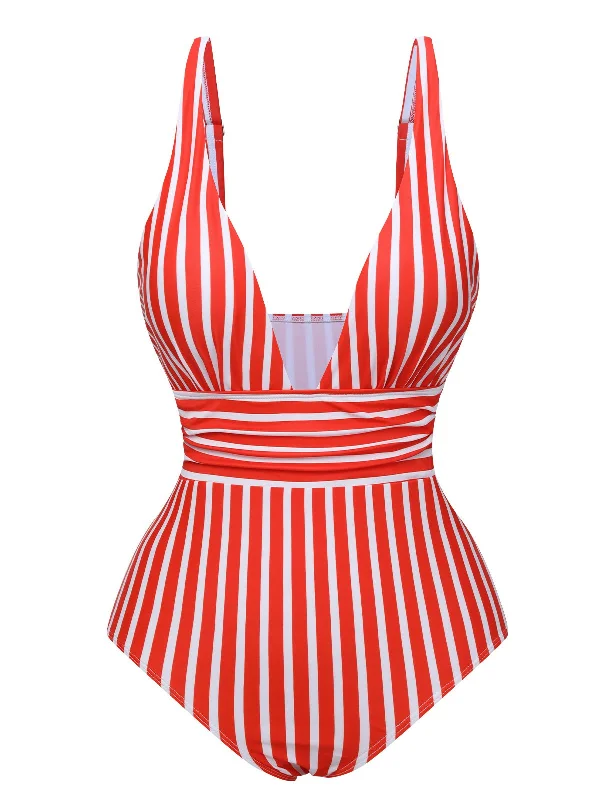 1950s Stripes Spaghetti Strap One-Piece Swimsuit Soft Beachwear Set